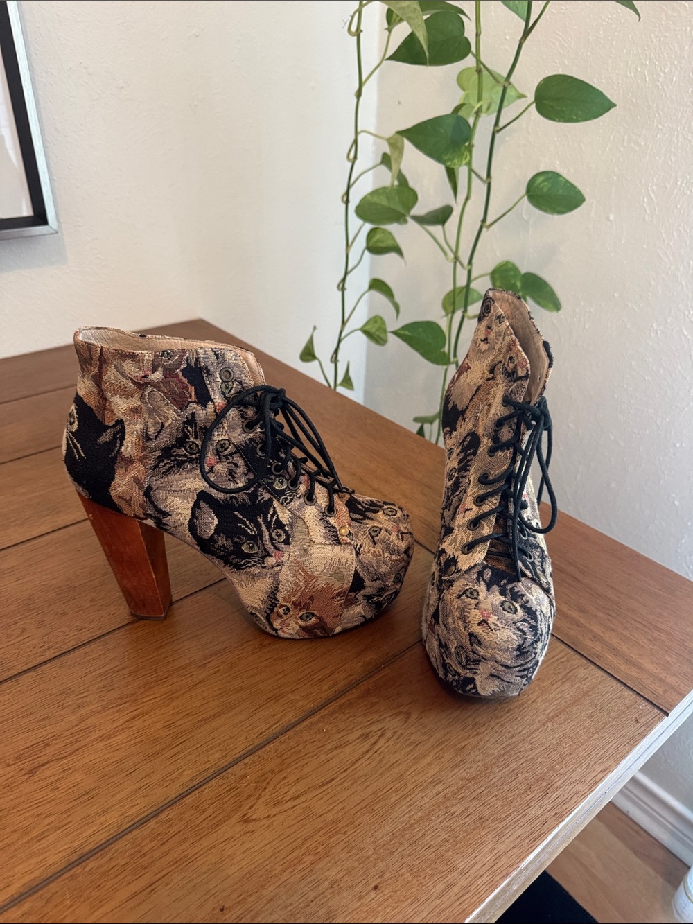 Jeffrey Campbell Multicolor Cat Tapestry Lace-Up Platform Ankle Boots